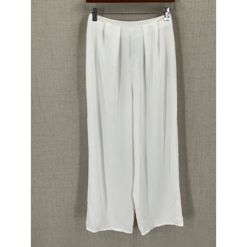 Zara Wide Leg Pants Womens M White Pleated Elastic Waist Coastal Minimalist NEW